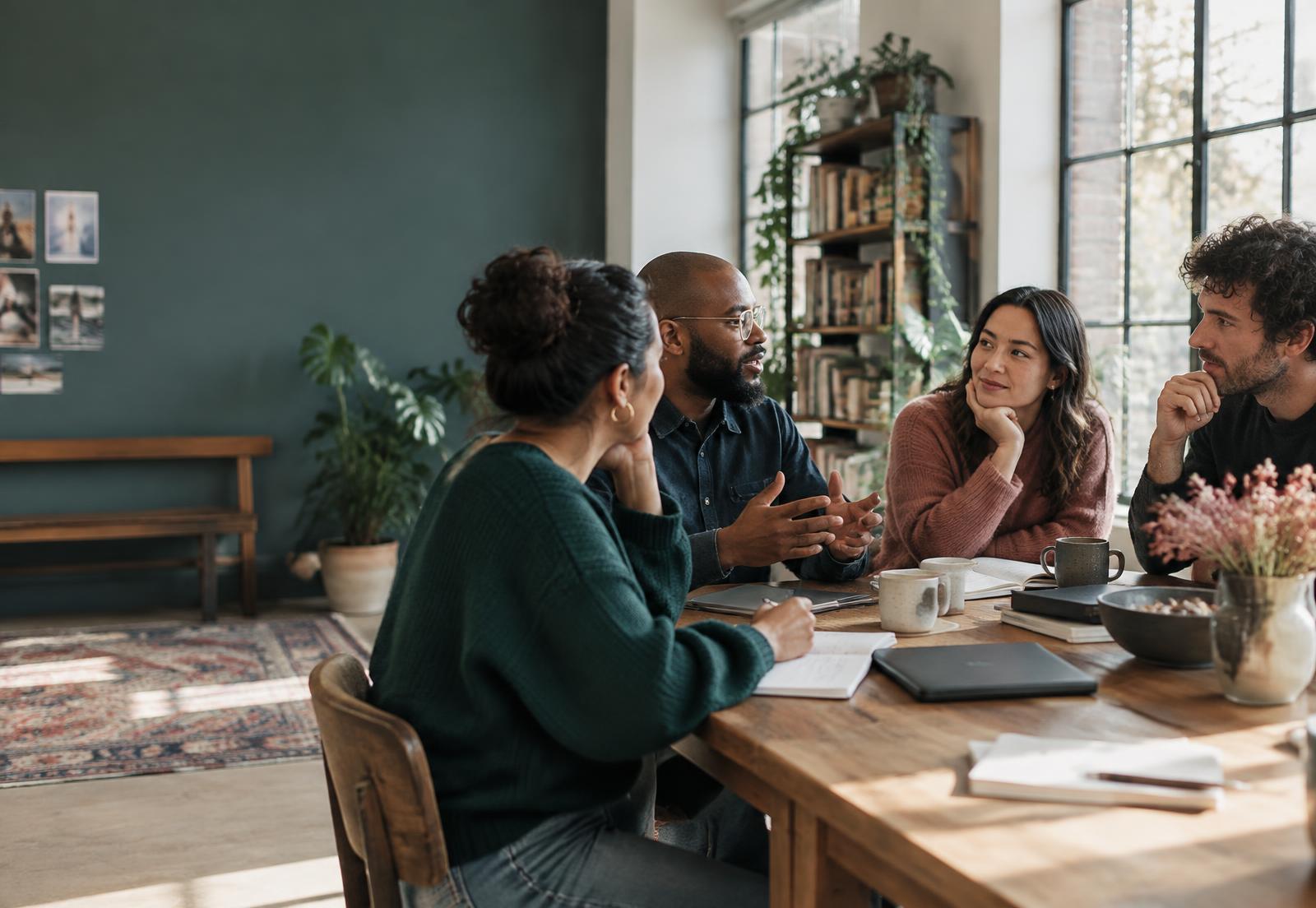 Colleagues in a thoughtful conversation around a shared table