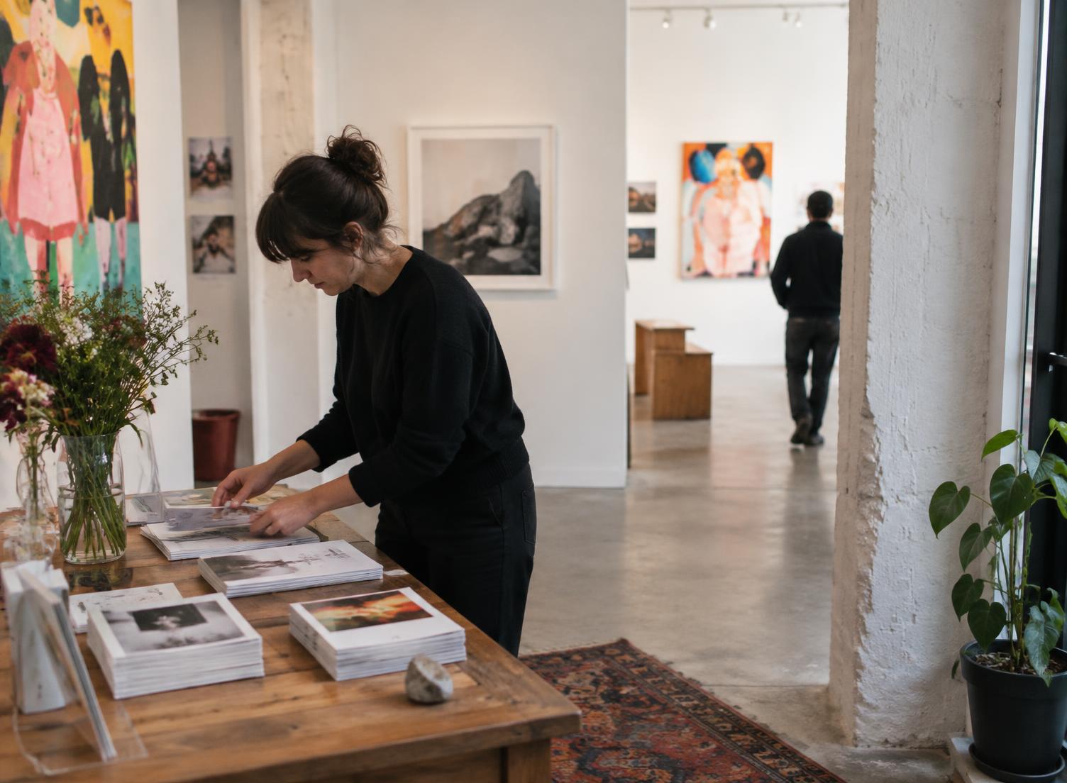 A small gallery team member organizing printed materials