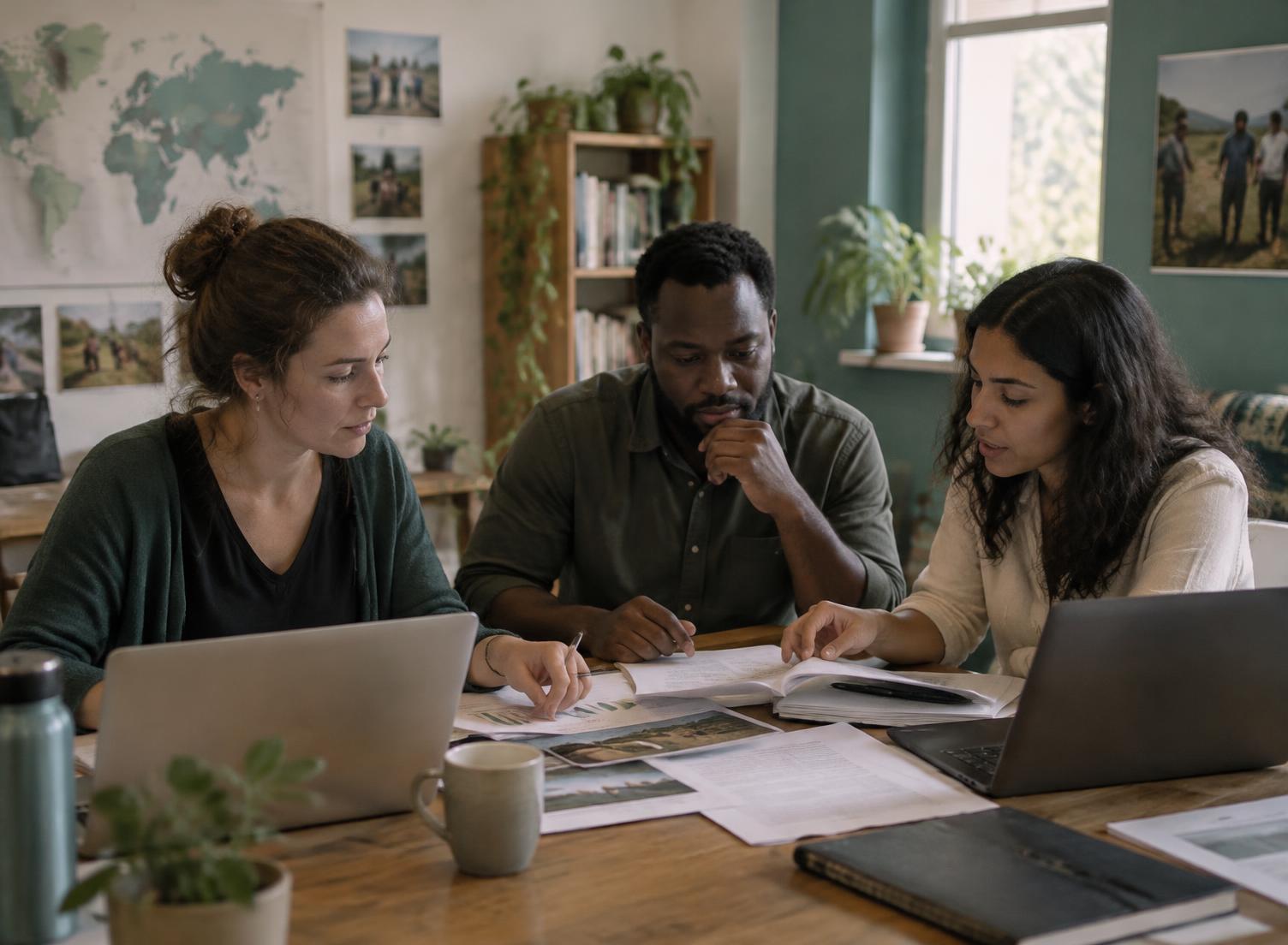 A small content team reviewing reports together at a shared table